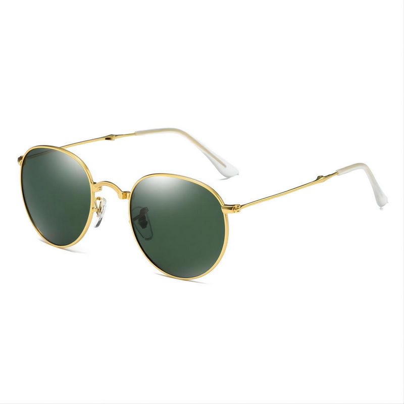Polarized Round-Wire Folding Sunglasses Gold Metallic Frame Green Lens