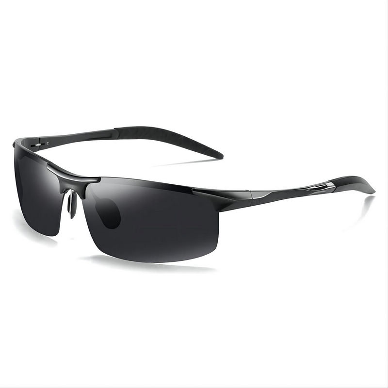 Polarized Sport Driving Sunglasses Semi-Rimless Aluminum Black Frame TAC Gray Lens