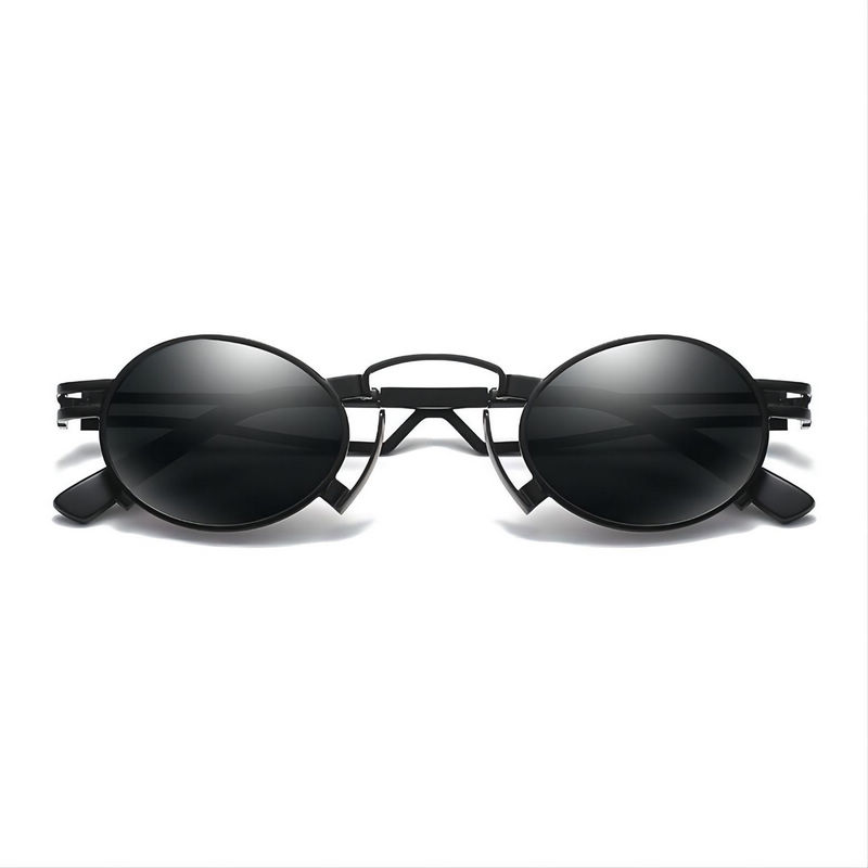 Punk-Style Small Metal-Frame Oval Sunglasses Black/Grey Lens