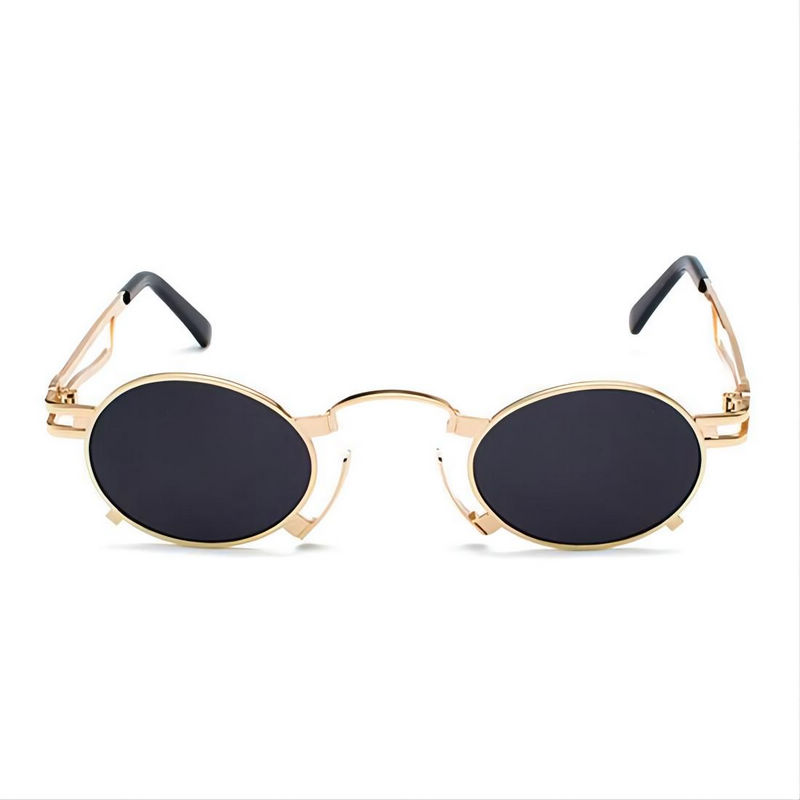 Punk-Style Small Metal-Frame Oval Sunglasses Gold/Grey