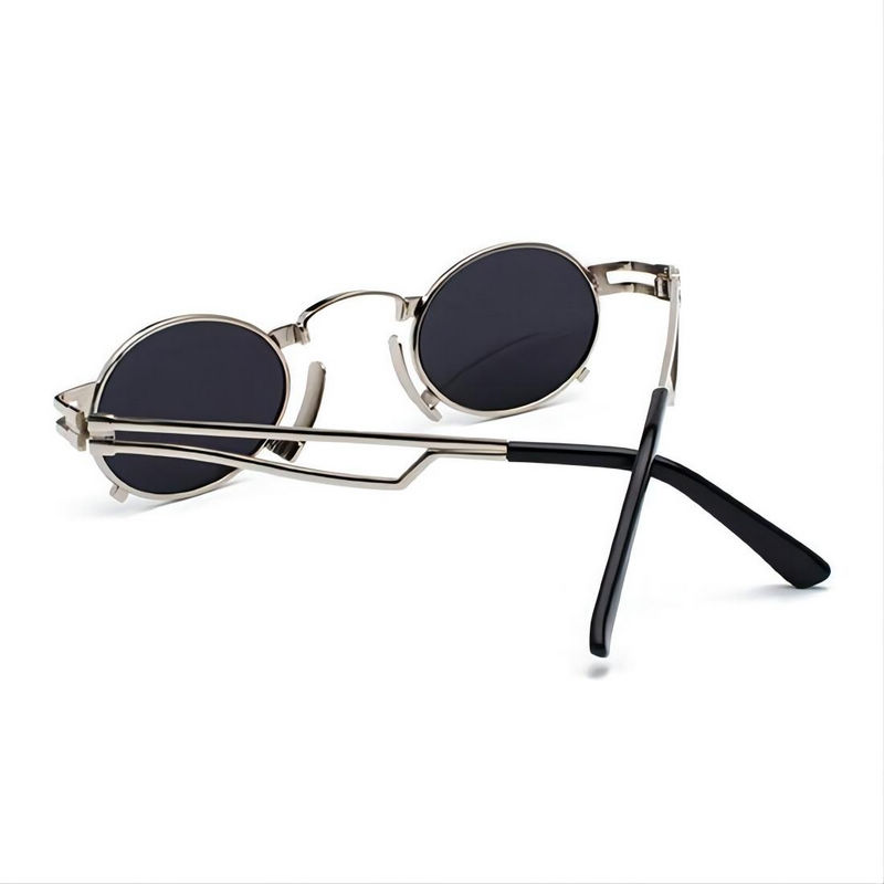 Punk-Style Small Metal-Frame Oval Sunglasses Mirror Blue Lens