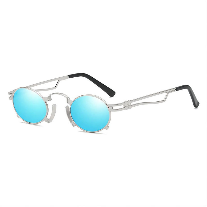 Punk-Style Small Metal-Frame Oval Sunglasses Mirrored Blue