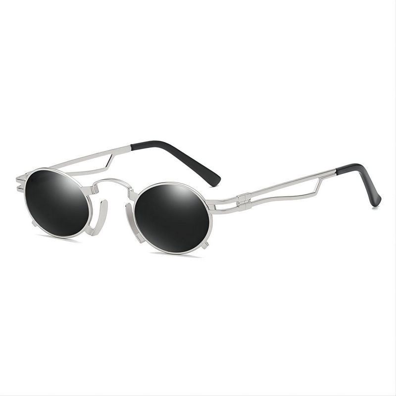 Punk-Style Small Metal-Frame Oval Sunglasses Silver-Tone