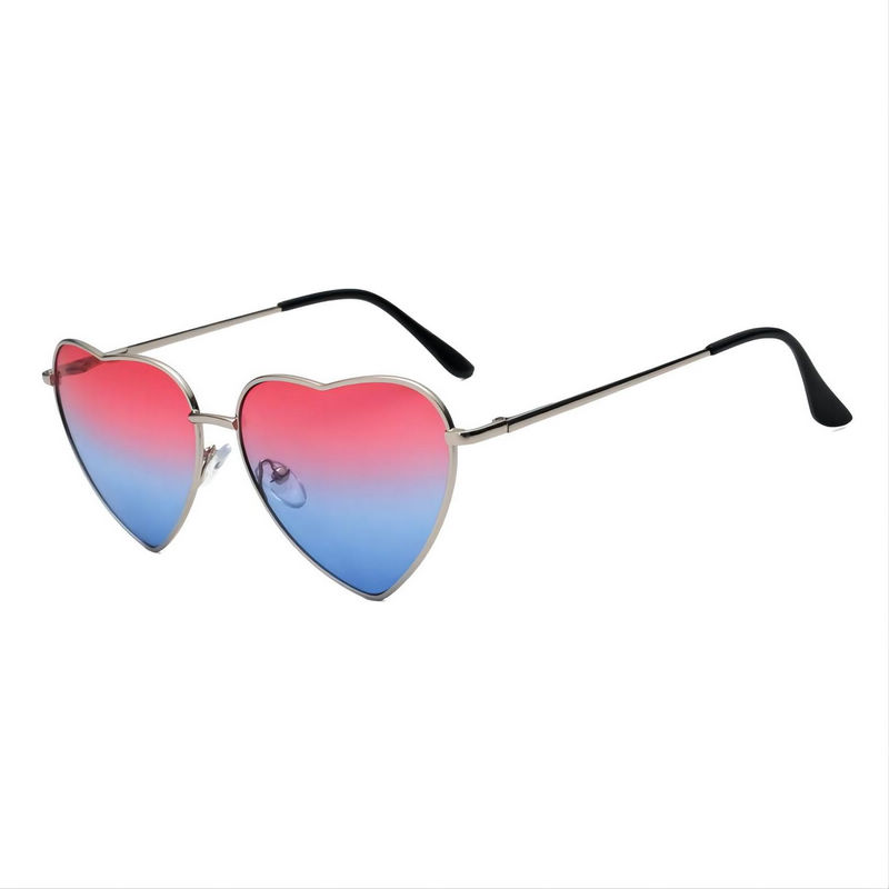 Red Blue Gradient Love Heart Shaped Sunglasses Silver Metal Frame