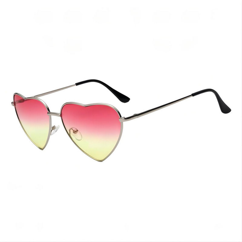 Red Yellow Gradient Love Heart Shaped Sunglasses Silver-Tone Metal Frame
