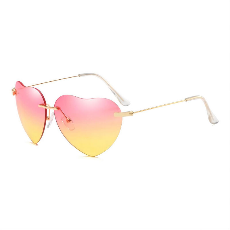 Rimless Gradient Heart-Shaped Sunglasses Gold-Tone Metal Pink Yellow Lens