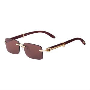 Rimless Wooden Sunglasses Gold-Tone Metal Hinges