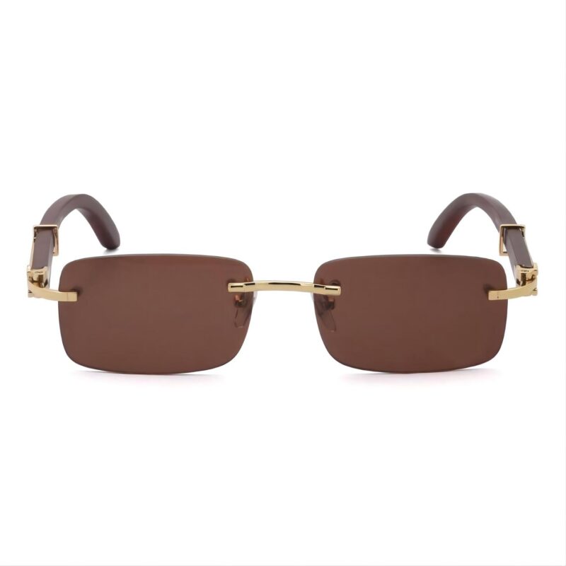 Rimless Wooden Sunglasses Gold-Tone Metal Hinges Brown Lens