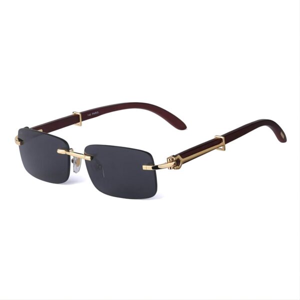 Rimless Wooden Sunglasses Gold-Tone Metal Hinges Grey Lens