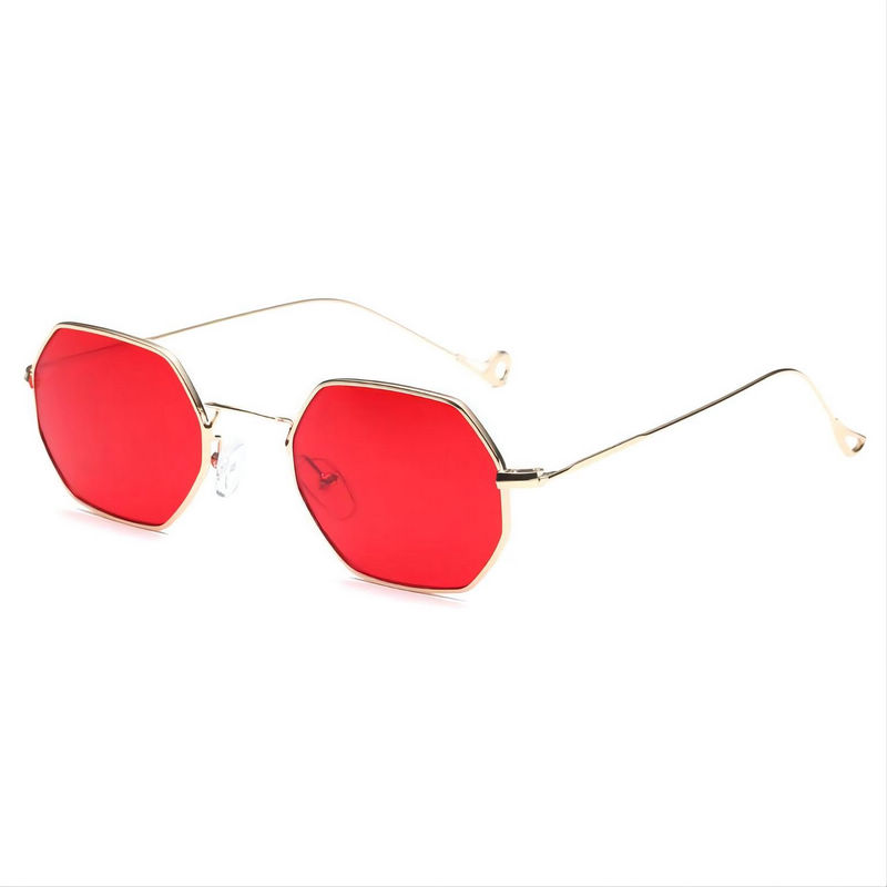 Small Geometric Octagonal Metal Frame Sunglasses Gold Frame Red Lens