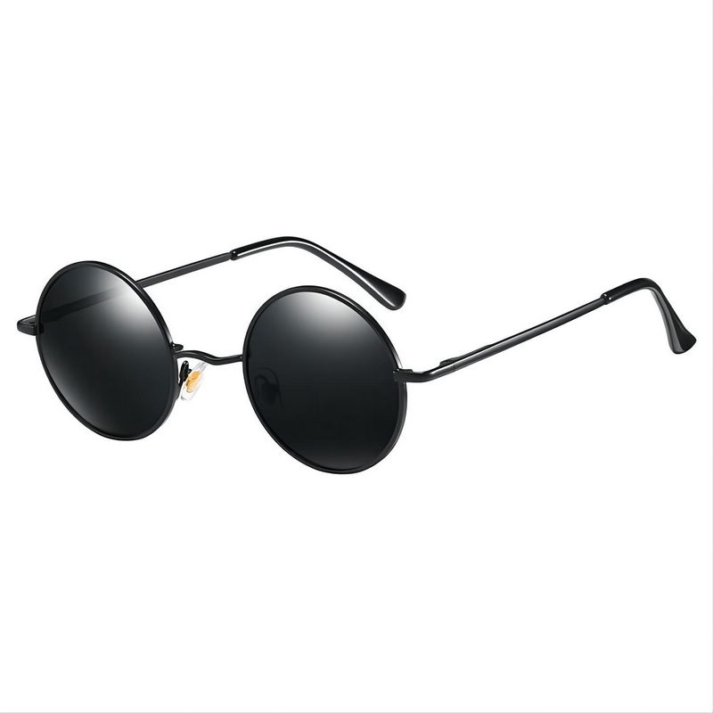 Small Lennon Round Sunglasses Metal Frame Polarized Lens All Black
