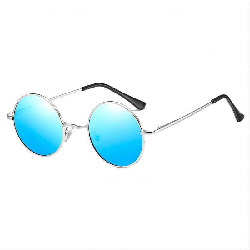 Small Lennon Round Sunglasses Silver Metal Frame Polarized Mirror Blue Lens