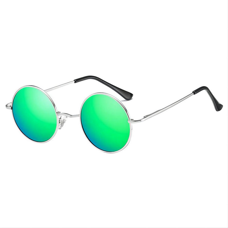 Small Lennon Round Sunglasses Silver Metal Frame Polarized Mirror Green Lens