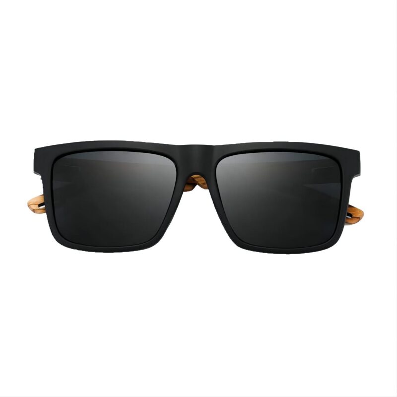 Square Wood Temples Sunglasses Black Acetate Frame Polarized Grey Lens