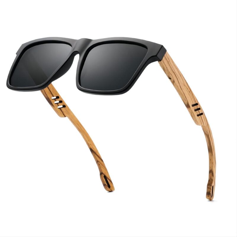 Square Wood Temples Sunglasses Black Acetate Frame Polarized Lens