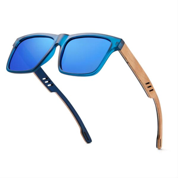 Square Wood Temples Sunglasses Blue Acetate Frame Polarized Lens