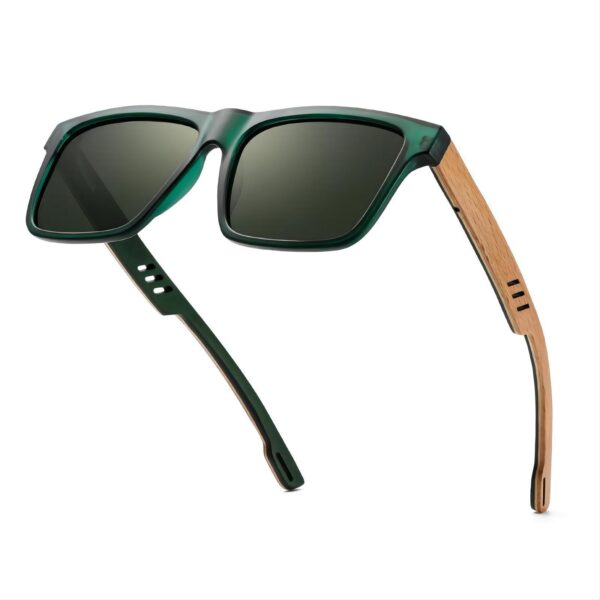 Square Wood Temples Sunglasses Green Acetate Frame Polarized Lens
