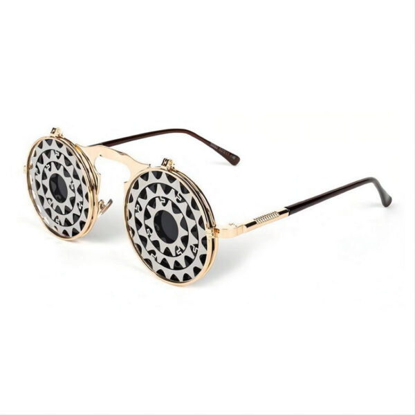 Starburst Pattern Steampunk Round-Metal Flip-Up Sunglasses Gold Frame Grey Lens