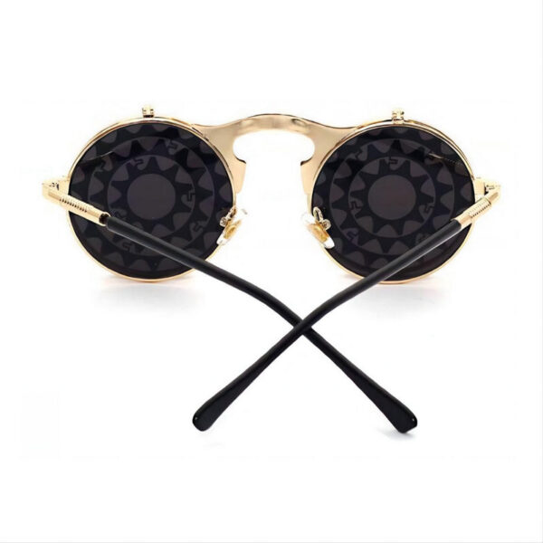 Starburst Pattern Steampunk Round-Metal Flip-Up Sunglasses Gold-Tone/Grey