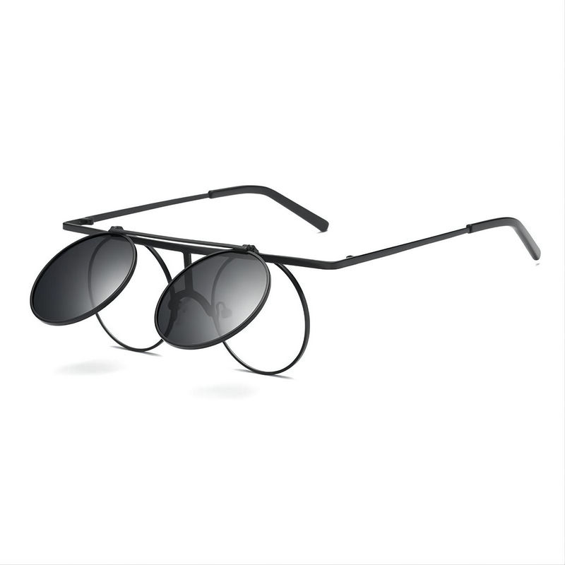 Steampunk Flip-Up Polarized Sunglasses Black Flat Metal Frame Grey Lens