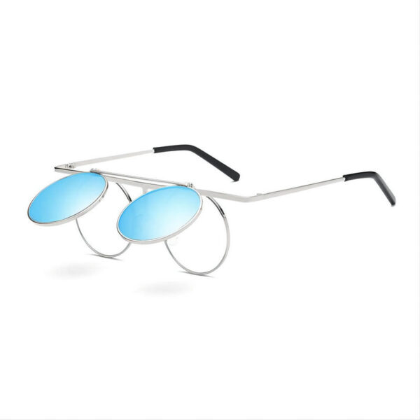 Steampunk Flip-Up Polarized Sunglasses Silver Flat Metal Frame Mirror Blue Lens