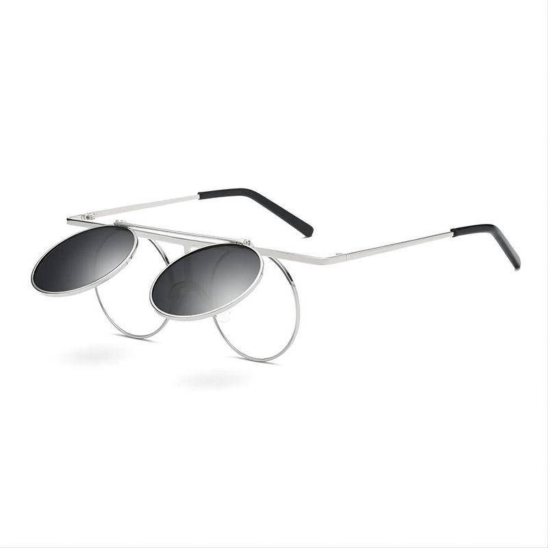 Steampunk Flip-Up Polarized Sunglasses Silver-Tone Flat Frame Grey Lens