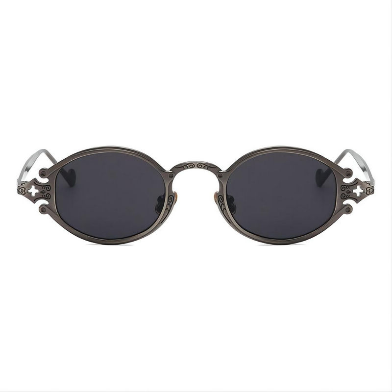Steampunk Gothic Engraved Oval Polarized Sunglasses Metal Frame Gun Grey/Grey