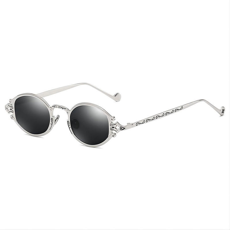 Steampunk Gothic Engraved Oval Polarized Sunglasses Silver-Tone Metal Frame