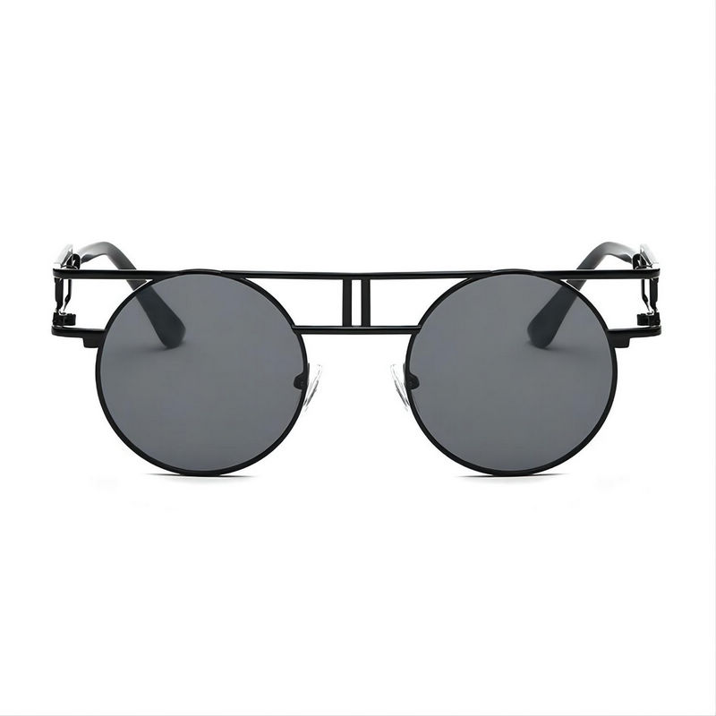 Steampunk Gothic Round Metal Sunglasses Black Circular Frame Grey Lens