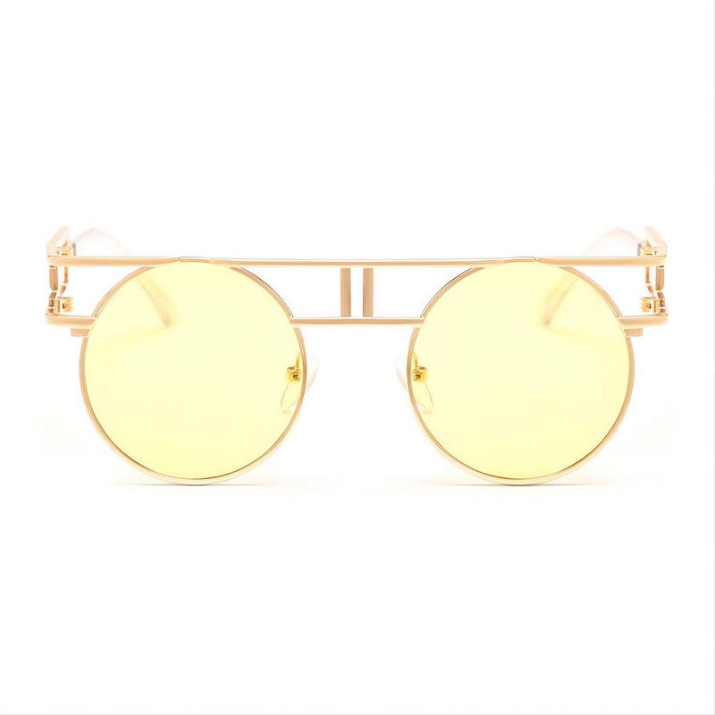 Steampunk Gothic Round Metal Sunglasses Gold Circular Frame Yellow Lens