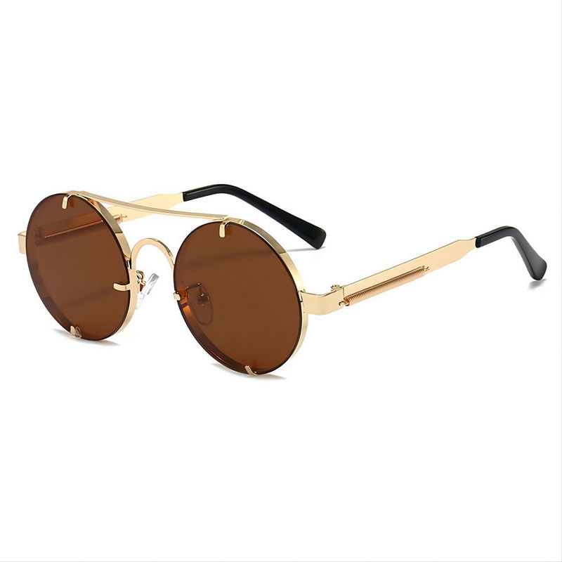Steampunk Round Pilot Sunglasses Metal Frame Spring Arms Gold-Tone/Brown