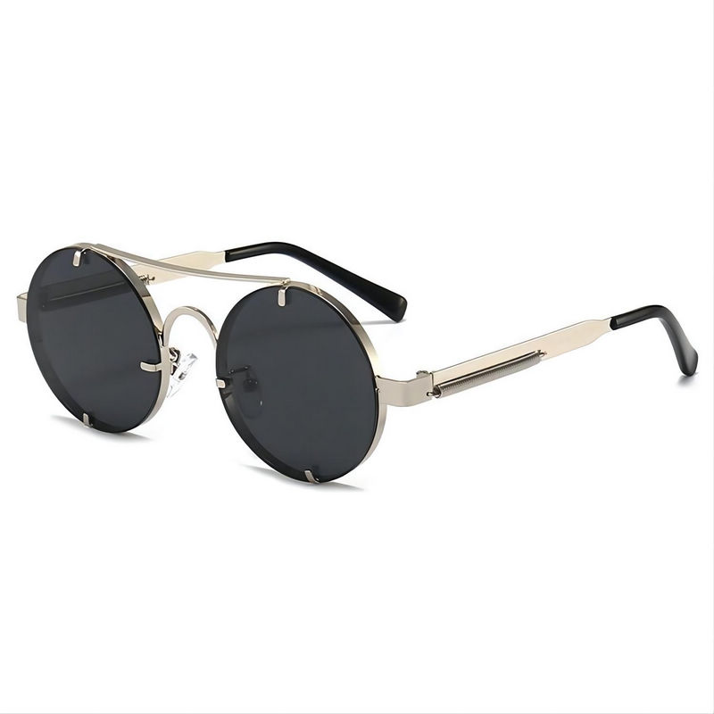 Steampunk Round Pilot Sunglasses Metal Frame Spring Arms Silver-Tone/Grey