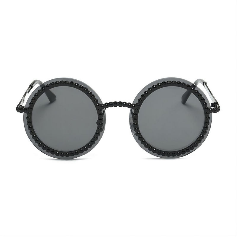 Studded Embellished Round Sunglasses Gear-Like Circle Black/Grey