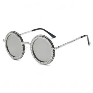Studded Embellished Round Sunglasses Gear-Like Circle Silver Frame Mirror White Lens