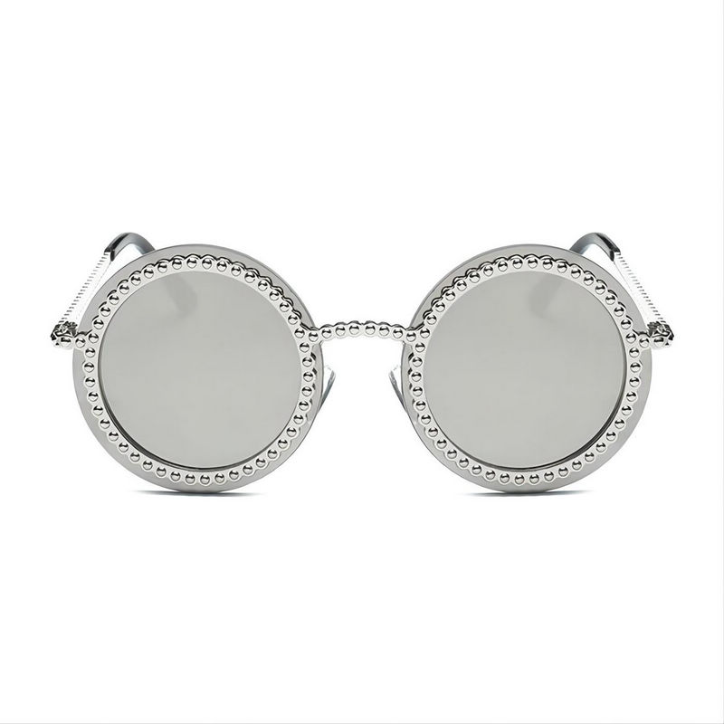 Studded Embellished Round Sunglasses Gear-Like Circle Silver/Mirror White