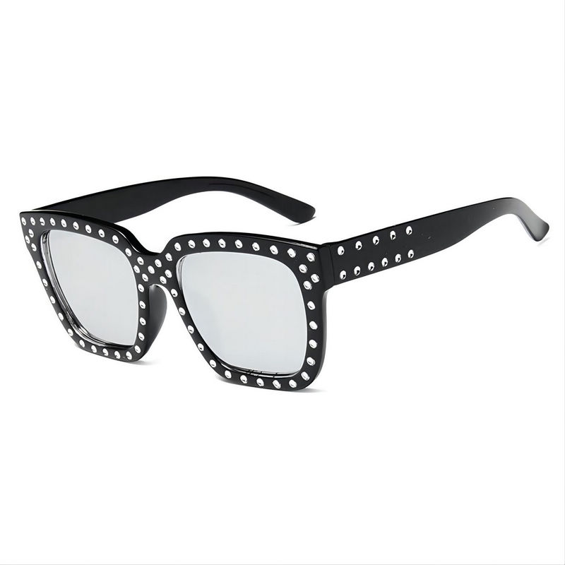 Studded Square Sunglasses Black Acetate Oversized Frame Mirror Silver Lens