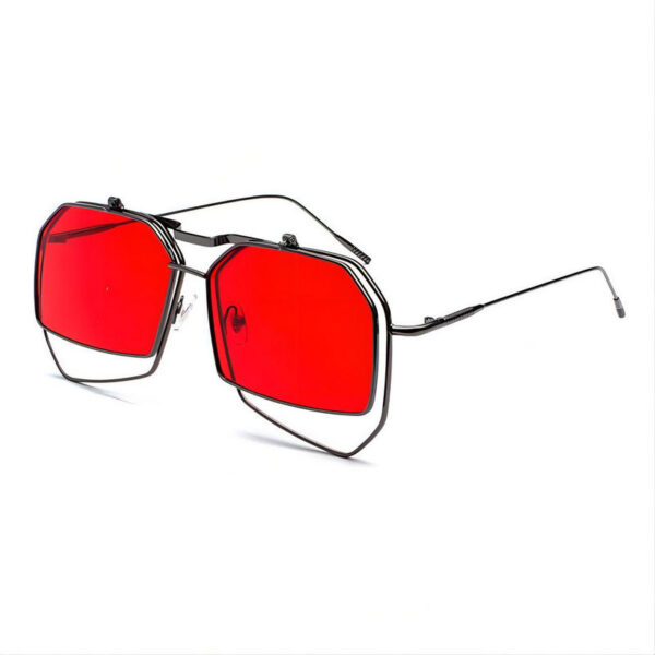 Tinted Red Oversized Geometric Flip-Up Sunglasses Metallic Frame