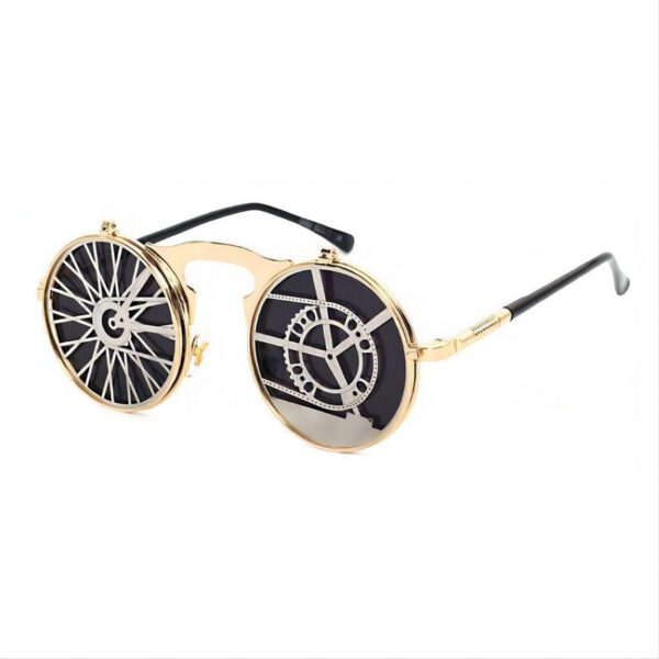 Unusual Bike Steampunk Round-Metal Flip-Up Sunglasses Gold Frame Grey Lens