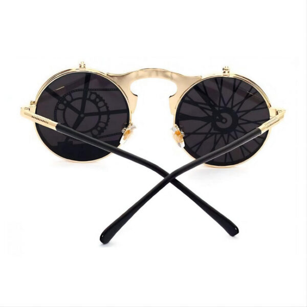 Unusual Bike Steampunk Round-Metal Flip-Up Sunglasses Gold-Tone/Grey