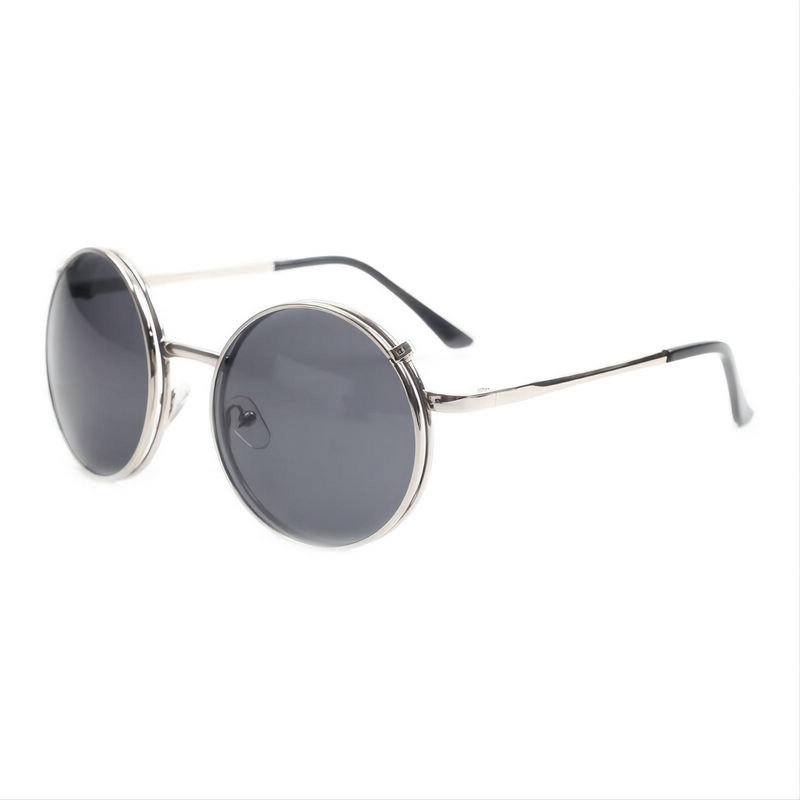 Vintage Mouse-Style Round Flip-Up Sunglasses Silver Metal Frame