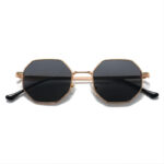 Vintage Octagon Geometric Sunglasses Gold-Tone Metal Frame Grey Lens