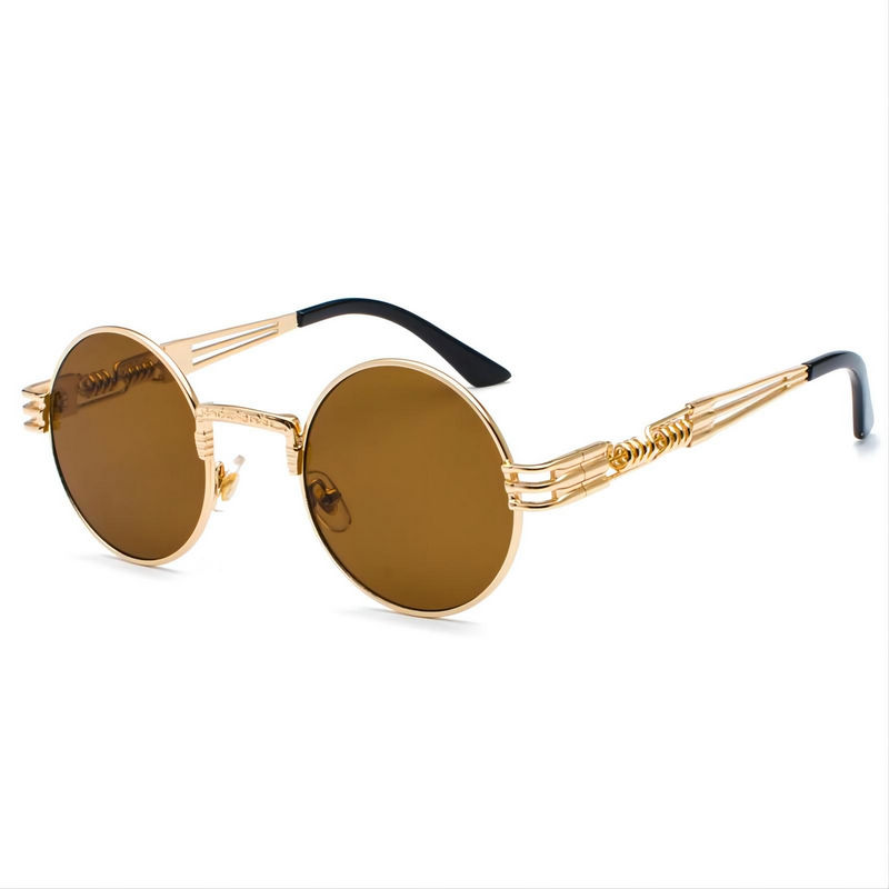 Vintage Steampunk Metal Round Sunglasses Gold-Tone Frame Brown Lens