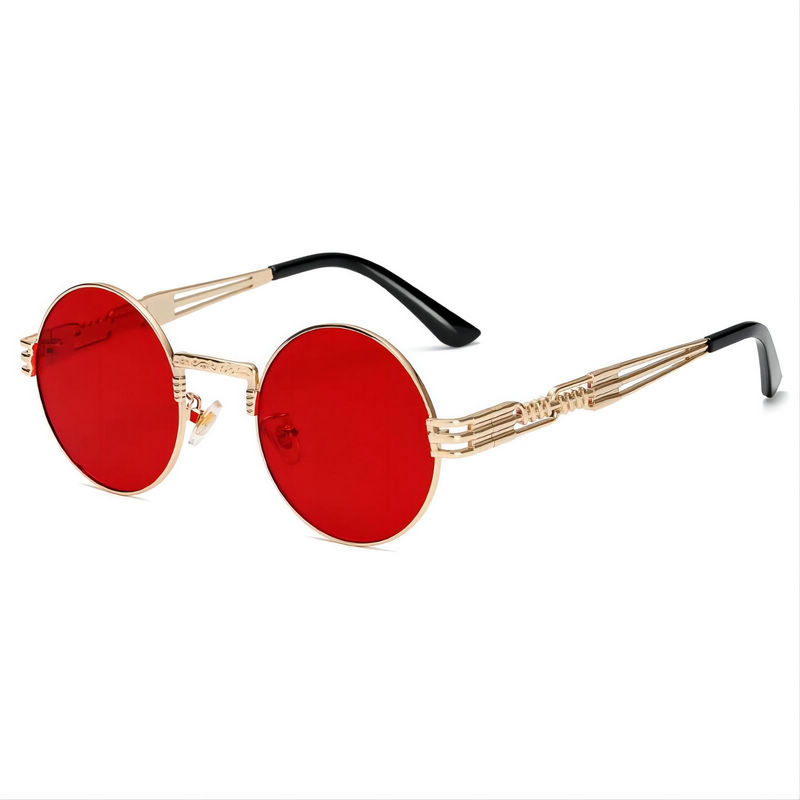 Vintage Steampunk Metal Round Sunglasses Gold-Tone Frame Red Lens