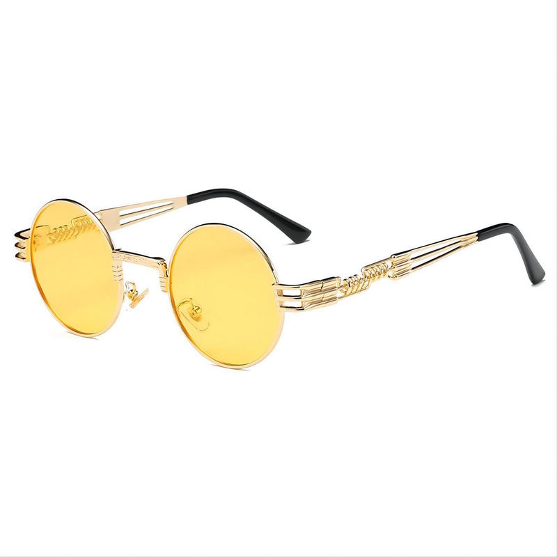 Vintage Steampunk Metal Round Sunglasses Gold-Tone Frame Yellow Lens