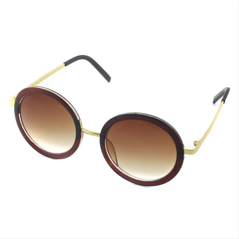 Womens Vintage Round Sunglasses Acetate & Metal Frame Brown