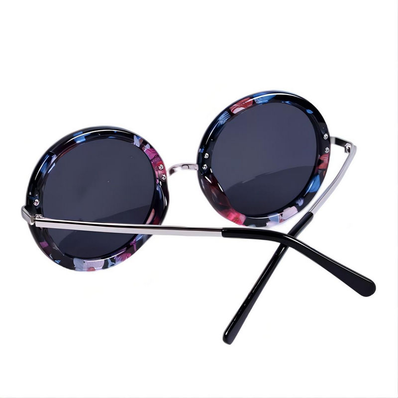 Womens Vintage Round Sunglasses Floral Acetate & Silver Metal Frame