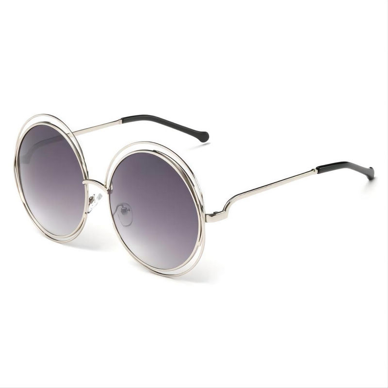 Womens Vintage Round Wire Oversized Sunglasses Metal Silver Frame Gradient Gray Lens