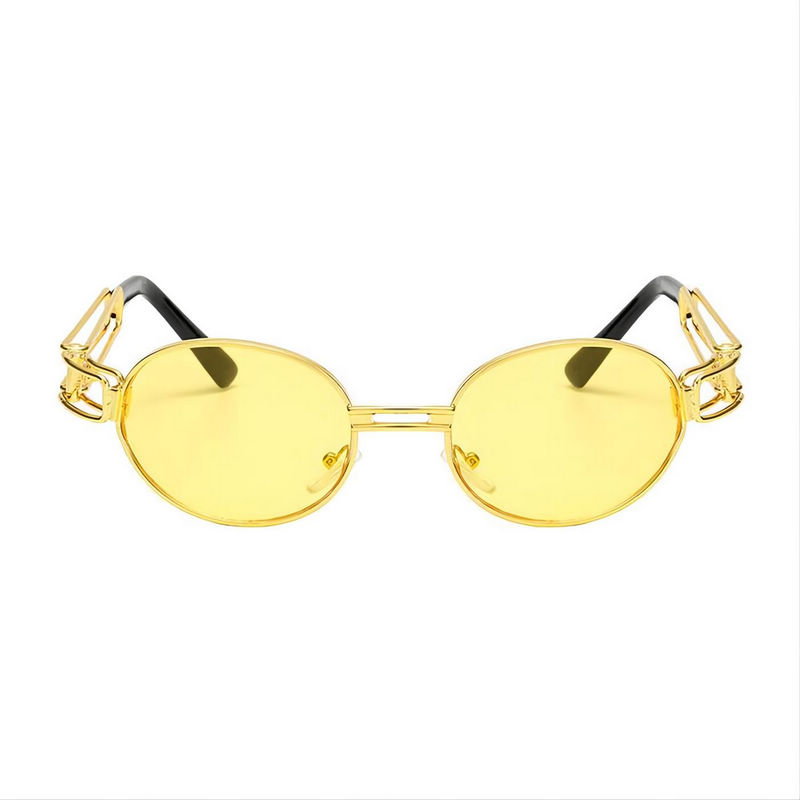 Yellow Lens Steampunk Oval Glasses Dual Metal Temples Gold-Tone Frame