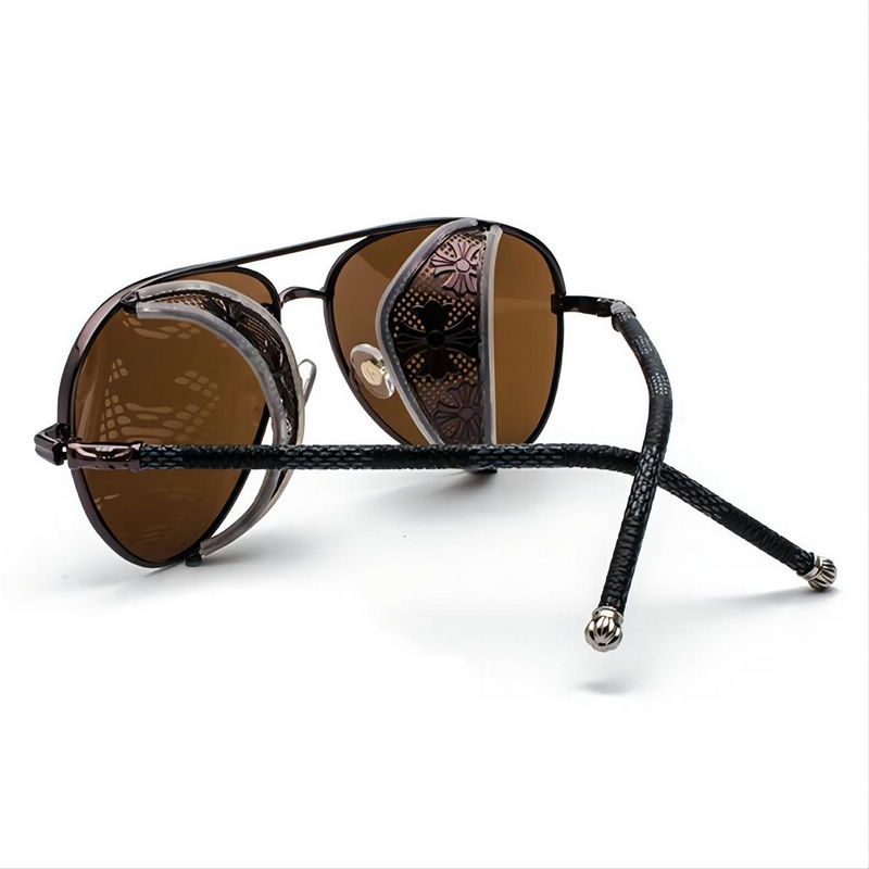 Brown Steampunk Side-Shield Pilot Sunglasses Metallic Frame
