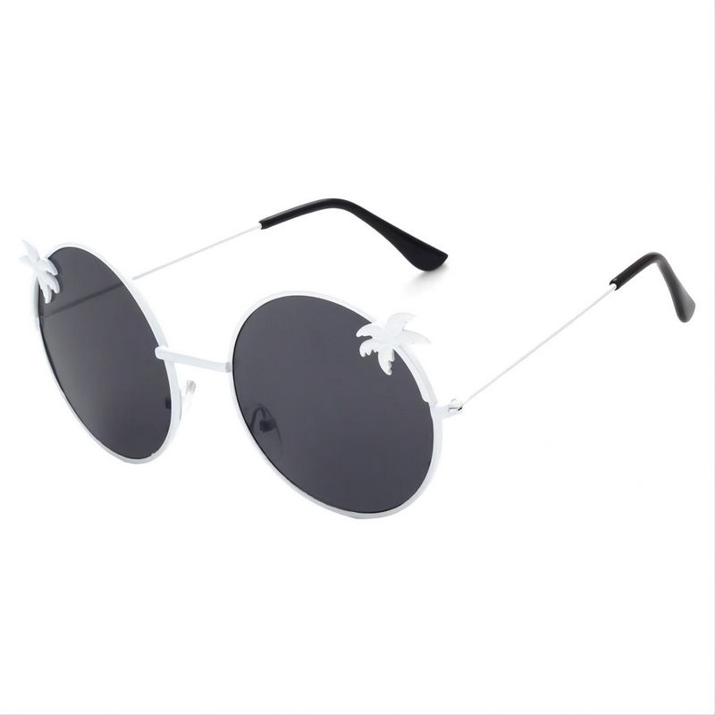Coconut Palm Details Round Metal Sunglasses White Frame Grey Lens